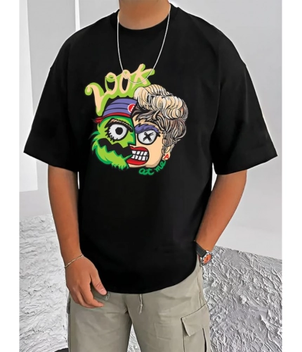 Men's Casual Cotton Blend Printed Round Neck Half Sleeve T-Shirt (Black)