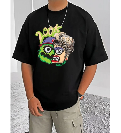 Men's Casual Cotton Blend Printed Round Neck Half Sleeve T-Shirt (Black)