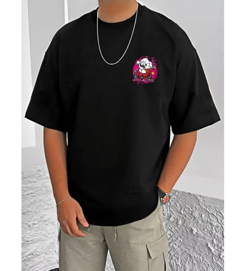 Men's Casual Cotton Blend Printed Round Neck Half Sleeve T-Shirt (Black)