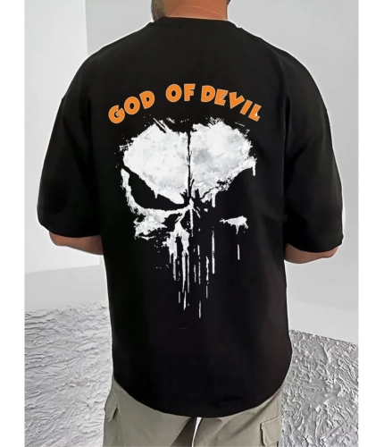 Men's Casual Cotton Blend Printed Round Neck Half Sleeve T-Shirt (Black)