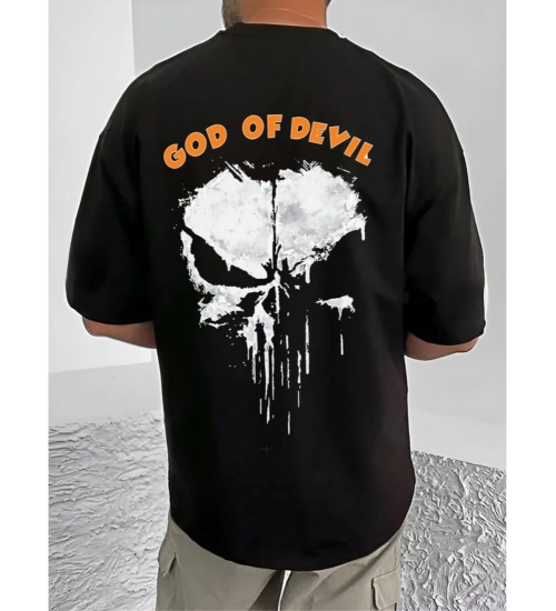 Men's Casual Cotton Blend Printed Round Neck Half Sleeve T-Shirt (Black)