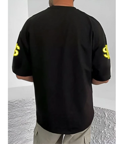Men's Casual Cotton Blend Printed Round Neck Half Sleeve T-Shirt (Black)