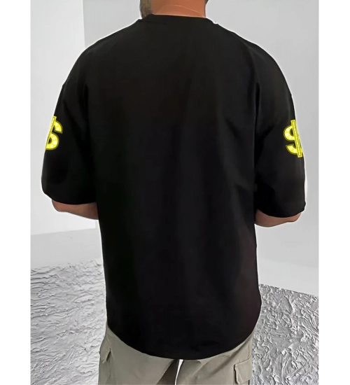 Men's Casual Cotton Blend Printed Round Neck Half Sleeve T-Shirt (Black)