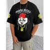 Men's Casual Cotton Blend Printed Round Neck Half Sleeve T-Shirt (Black)