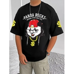 Men's Casual Cotton Blend Printed Round Neck Half Sleeve T-Shirt (Black)