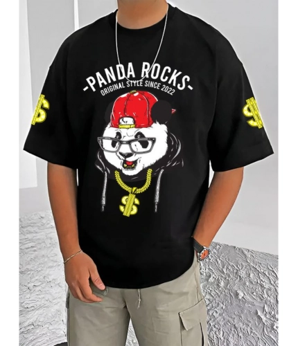 Men's Casual Cotton Blend Printed Round Neck Half Sleeve T-Shirt (Black)