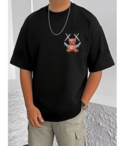 Men's Casual Cotton Blend Printed Round Neck Half Sleeve T-Shirt (Black)