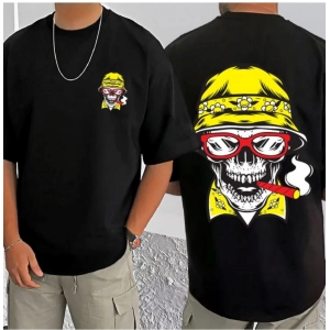 Generic Men's Casual Cotton Blend Printed Round Neck Half Sleeve T-Shirt (Black)