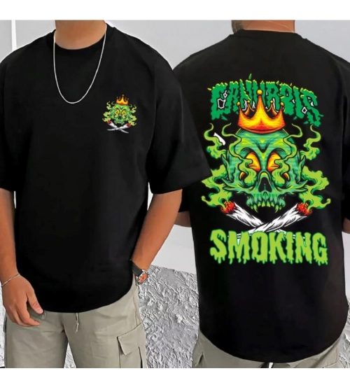 Men's Casual Cotton Blend Printed Round Neck Half Sleeve T-Shirt (Black)