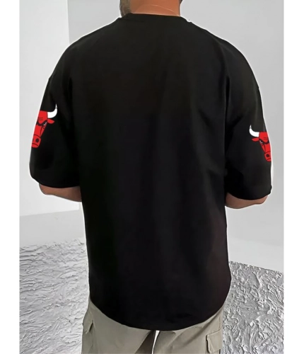 Men's Casual Cotton Blend Printed Round Neck Half Sleeve T-Shirt (Black)