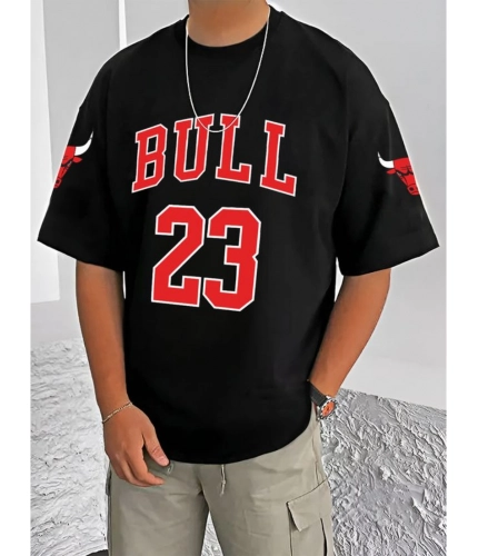 Men's Casual Cotton Blend Printed Round Neck Half Sleeve T-Shirt (Black)