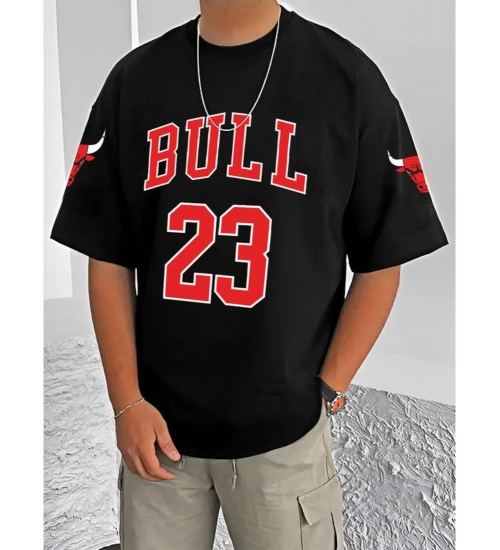 Men's Casual Cotton Blend Printed Round Neck Half Sleeve T-Shirt (Black)