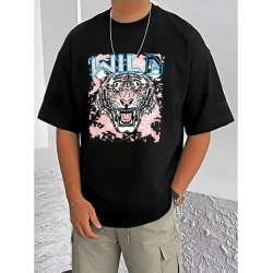 Men's Casual Cotton Blend Printed Round Neck Half Sleeve T-Shirt (Black)