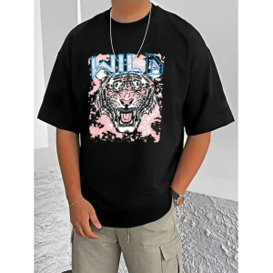Generic Men's Casual Cotton Blend Printed Round Neck Half Sleeve T-Shirt (Black)