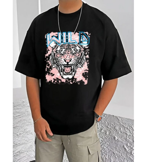 Men's Casual Cotton Blend Printed Round Neck Half Sleeve T-Shirt (Black)