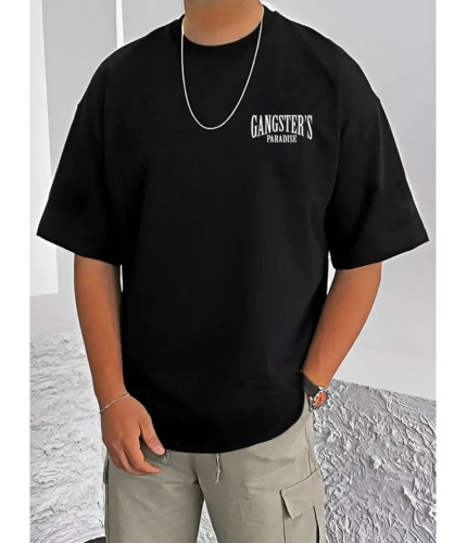 Men's Casual Cotton Blend Printed Round Neck Half Sleeve T-Shirt (Black)