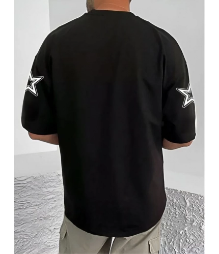 Men's Casual Cotton Blend Printed Round Neck Half Sleeve T-Shirt (Black)