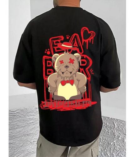 Men's Casual Cotton Blend Printed Round Neck Half Sleeve T-Shirt (Black)