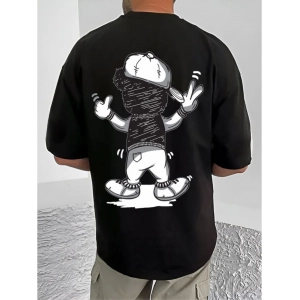 Generic Men's Casual Cotton Blend Printed Round Neck Half Sleeve T-Shirt (Black)