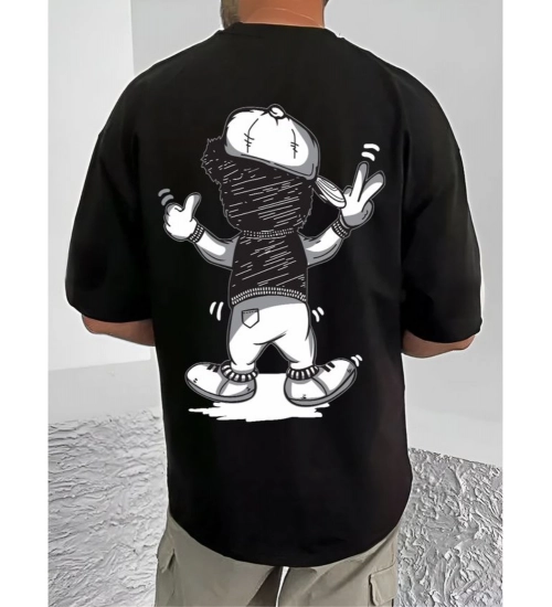 Men's Casual Cotton Blend Printed Round Neck Half Sleeve T-Shirt (Black)