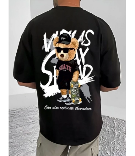 Men's Casual Cotton Blend Printed Round Neck Half Sleeve T-Shirt (Black)