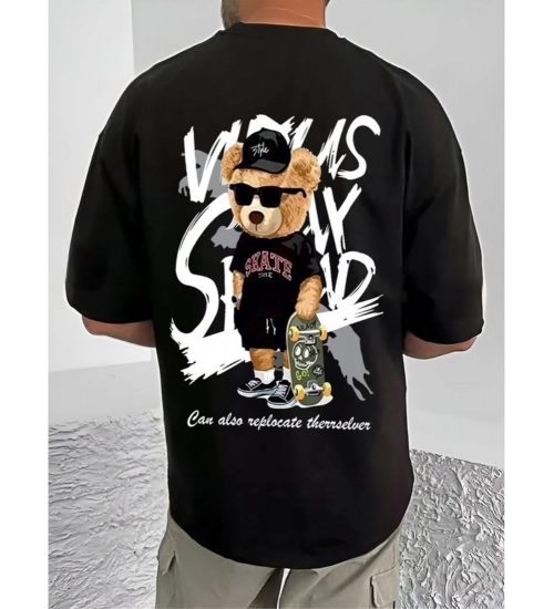 Men's Casual Cotton Blend Printed Round Neck Half Sleeve T-Shirt (Black)