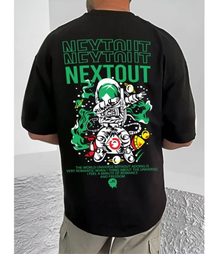 Men's Casual Cotton Blend Printed Round Neck Half Sleeve T-Shirt (Black)
