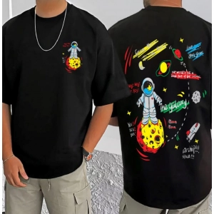 Generic Men's Casual Cotton Blend Printed Round Neck Half Sleeve T-Shirt (Black)