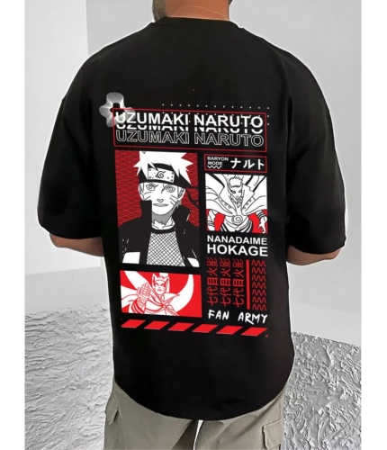 Men's Casual Cotton Blend Printed Round Neck Half Sleeve T-Shirt (Black)