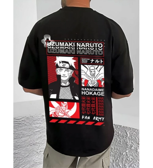 Men's Casual Cotton Blend Printed Round Neck Half Sleeve T-Shirt (Black)