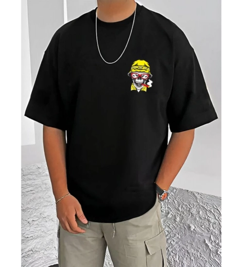 Men's Casual Cotton Blend Printed Round Neck Half Sleeve T-Shirt (Black)