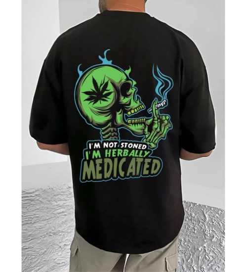 Men's Casual Cotton Blend Printed Round Neck Half Sleeve T-Shirt (Black)