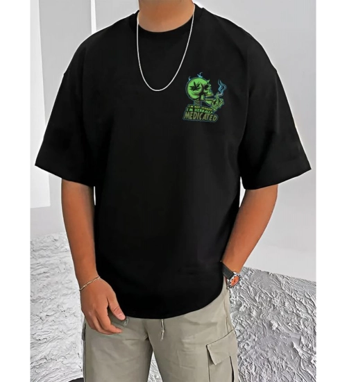 Men's Casual Cotton Blend Printed Round Neck Half Sleeve T-Shirt (Black)