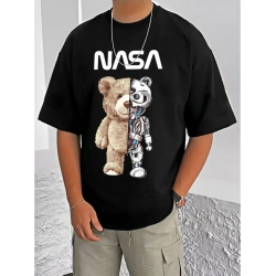 Men's Casual Cotton Blend Printed Round Neck Half Sleeve T-Shirt (Black)