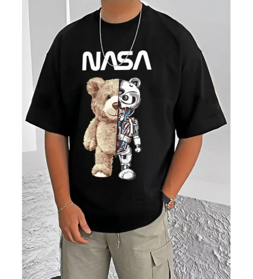 Men's Casual Cotton Blend Printed Round Neck Half Sleeve T-Shirt (Black)