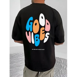 Generic Men's Casual Cotton Blend Printed Round Neck Half Sleeve T-Shirt (Black)