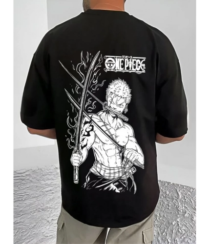 Men's Casual Cotton Blend Printed Round Neck Half Sleeve T-Shirt (Black)