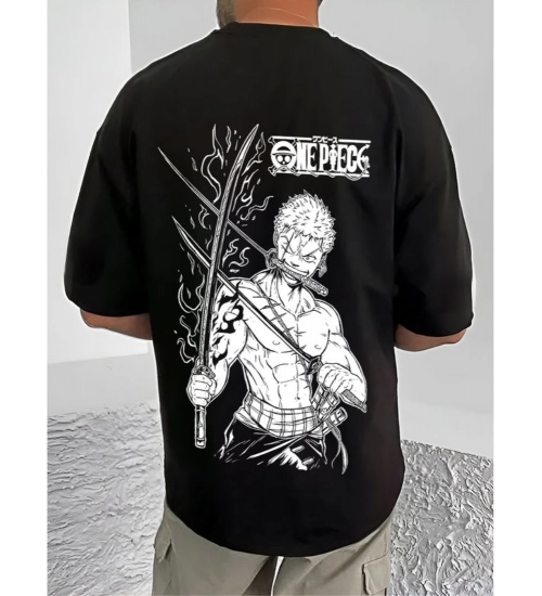 Men's Casual Cotton Blend Printed Round Neck Half Sleeve T-Shirt (Black)