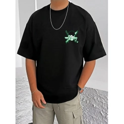 Men's Casual Cotton Blend Printed Round Neck Half Sleeve T-Shirt (Black)