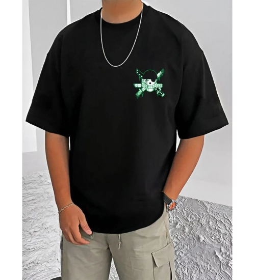 Men's Casual Cotton Blend Printed Round Neck Half Sleeve T-Shirt (Black)