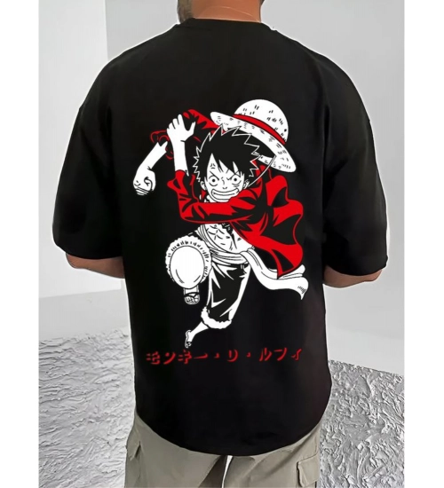 Men's Casual Cotton Blend Printed Round Neck Half Sleeve T-Shirt (Black)