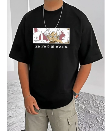 Men's Casual Cotton Blend Printed Round Neck Half Sleeve T-Shirt (Black)