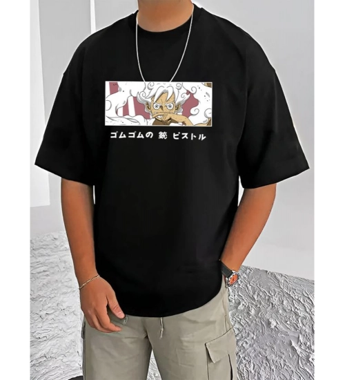 Men's Casual Cotton Blend Printed Round Neck Half Sleeve T-Shirt (Black)