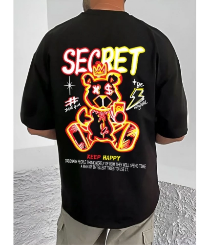 Men's Casual Cotton Blend Printed Round Neck Half Sleeve T-Shirt (Black)