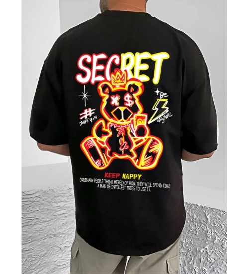 Men's Casual Cotton Blend Printed Round Neck Half Sleeve T-Shirt (Black)