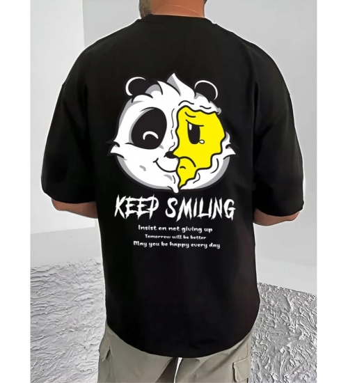 Men's Casual Cotton Blend Printed Round Neck Half Sleeve T-Shirt (Black)