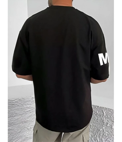Men's Casual Cotton Blend Printed Round Neck Half Sleeve T-Shirt (Black)