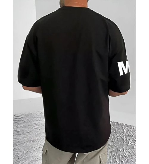 Men's Casual Cotton Blend Printed Round Neck Half Sleeve T-Shirt (Black)