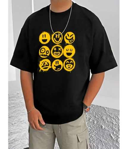 Men's Casual Cotton Blend Printed Round Neck Half Sleeve T-Shirt (Black)