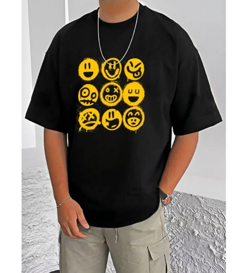 Men's Casual Cotton Blend Printed Round Neck Half Sleeve T-Shirt (Black)